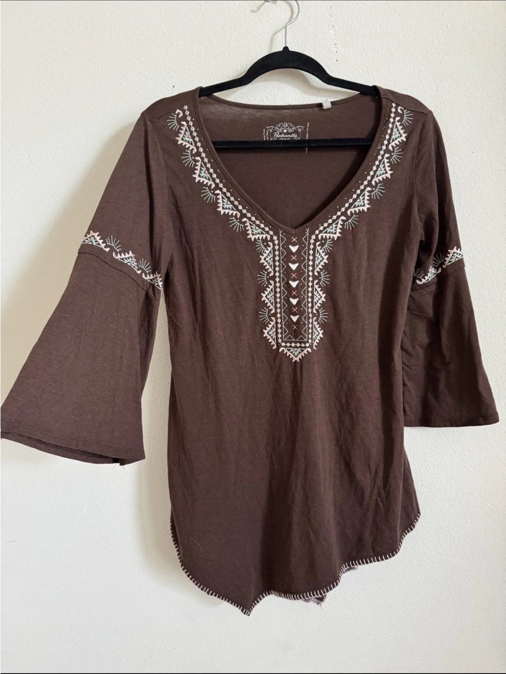 Panhandle Texas Western Embroidered Brown Flare Sleeve Aysmmetrical Blouse M